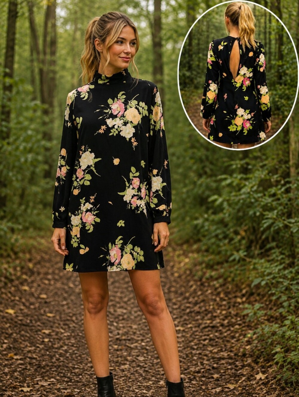 Leith Whimsigoth black floral long sleeve plunging keyhole back short dress sz S
